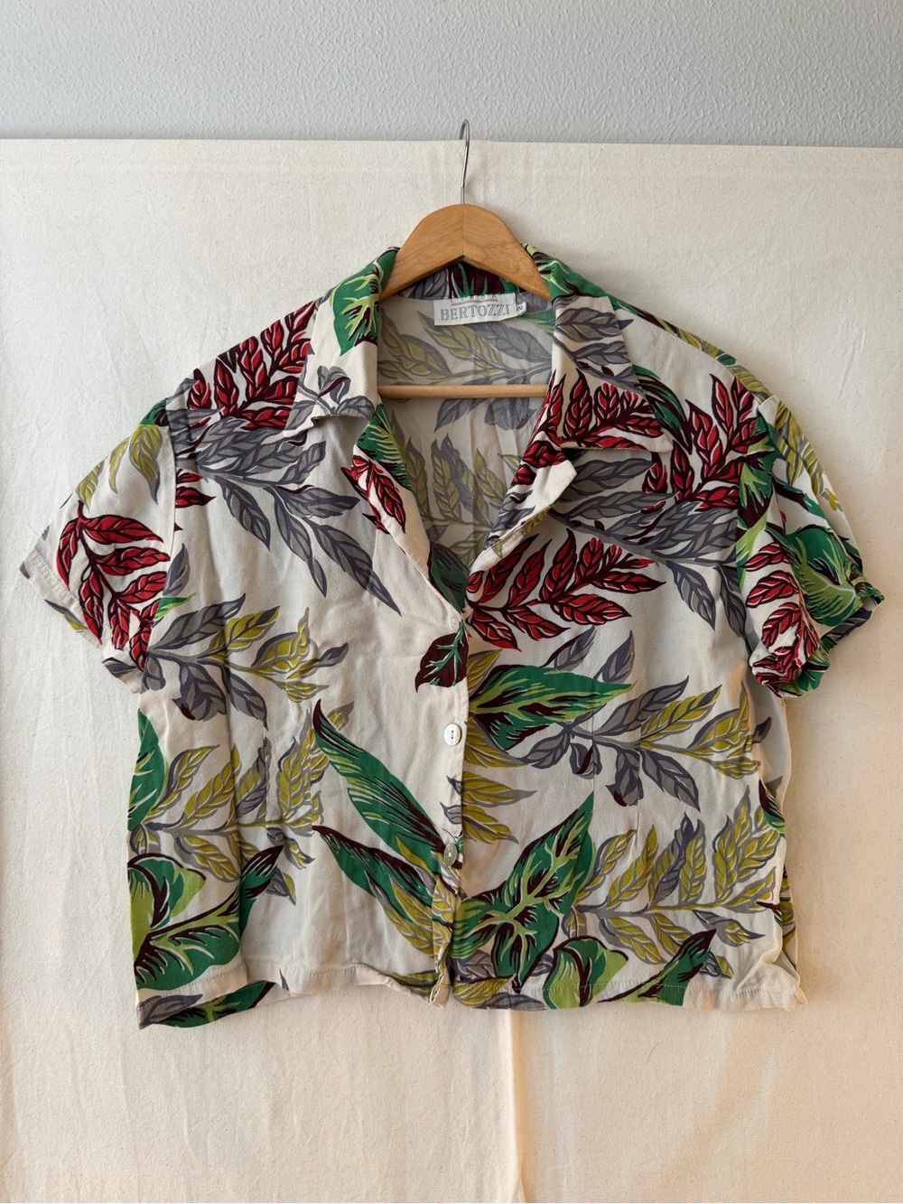 3/$10 Short-Sleeve Crop Top in Cream with Green & Red Leaf Print